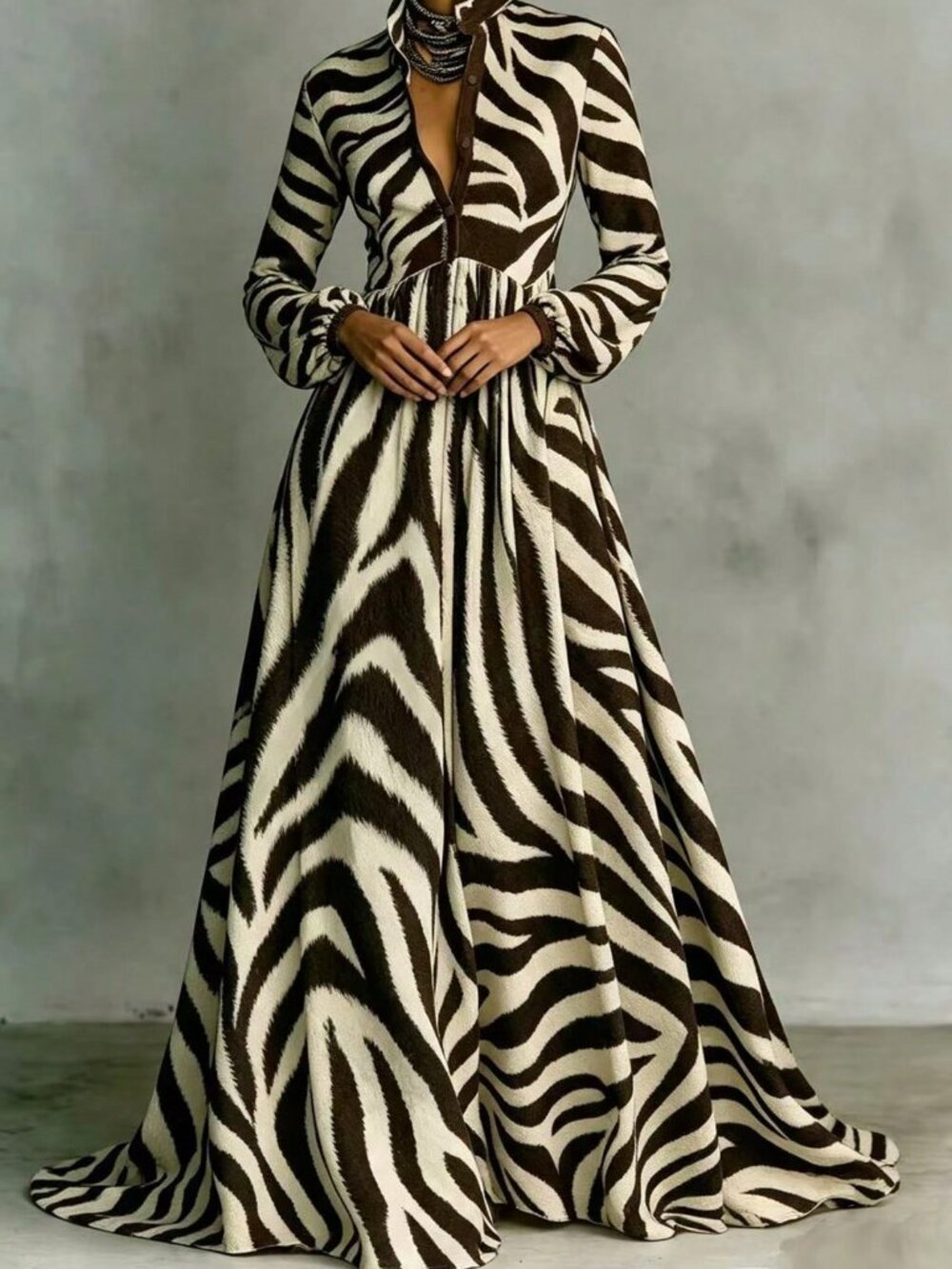 Brown Casual Women's Belted Pocket Roll Up Sleeve High Waist A-Line Maxi Dress - Picture 5 of 5